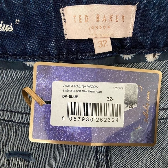 NWT Ted Baker Pralina Embroidered Raw Hem Cotton Stretch Jeans Dark Blue Size 32 - Picture 6 of 6